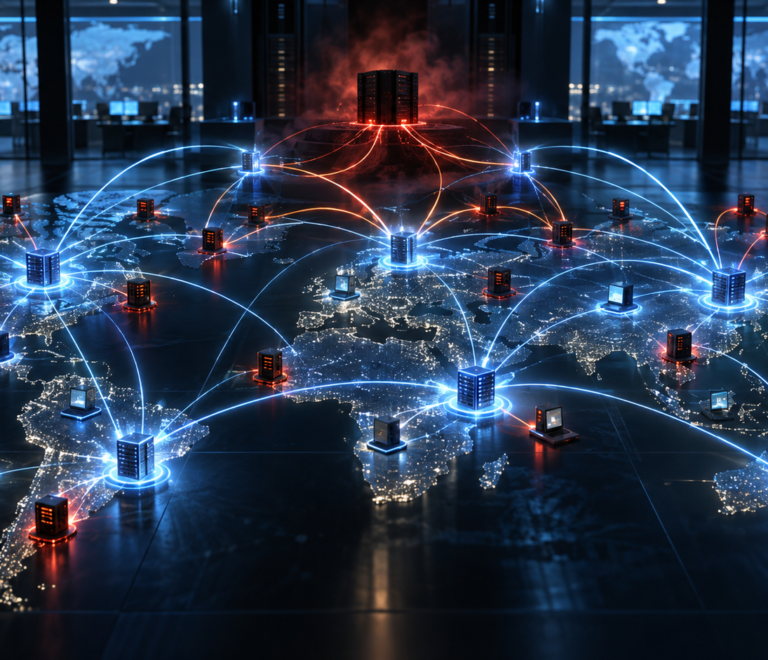 Editorial illustration of a global peer-to-peer botnet being isolated by defensive network nodes