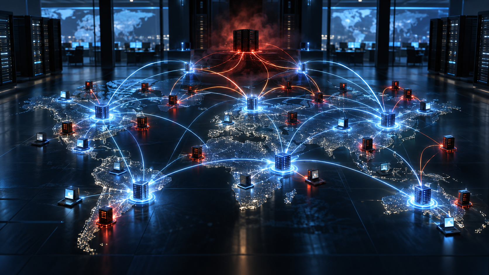 Editorial illustration of a global peer-to-peer botnet being isolated by defensive network nodes